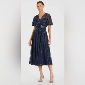 New MAC DUGGAL Navy Embellished Short Sleeve Empire Waist Dress Sz 14 #14007